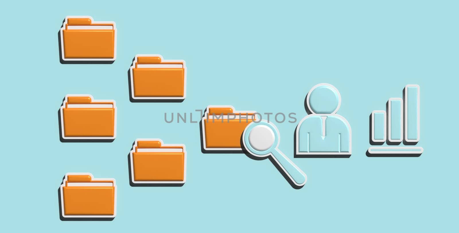 Structure of yellow folders, magnifying glass and inspector. Document control concept, 3D rendering illustration