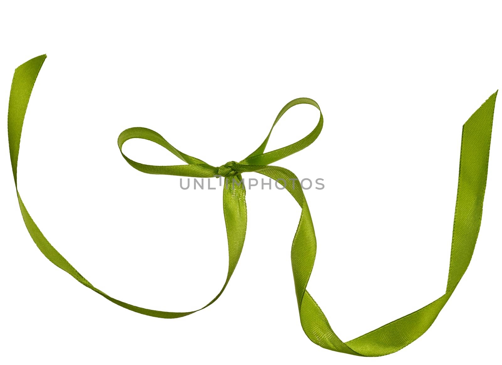 Tied green silk ribbon in a bow on an isolated background, decor for a gift