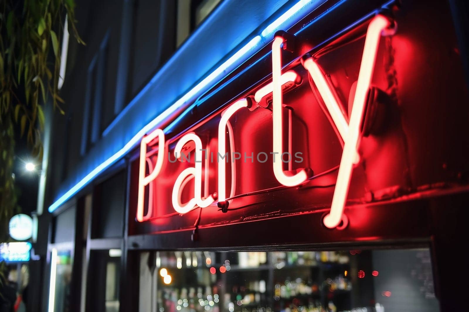 A neon sign showing the word Party on a wall