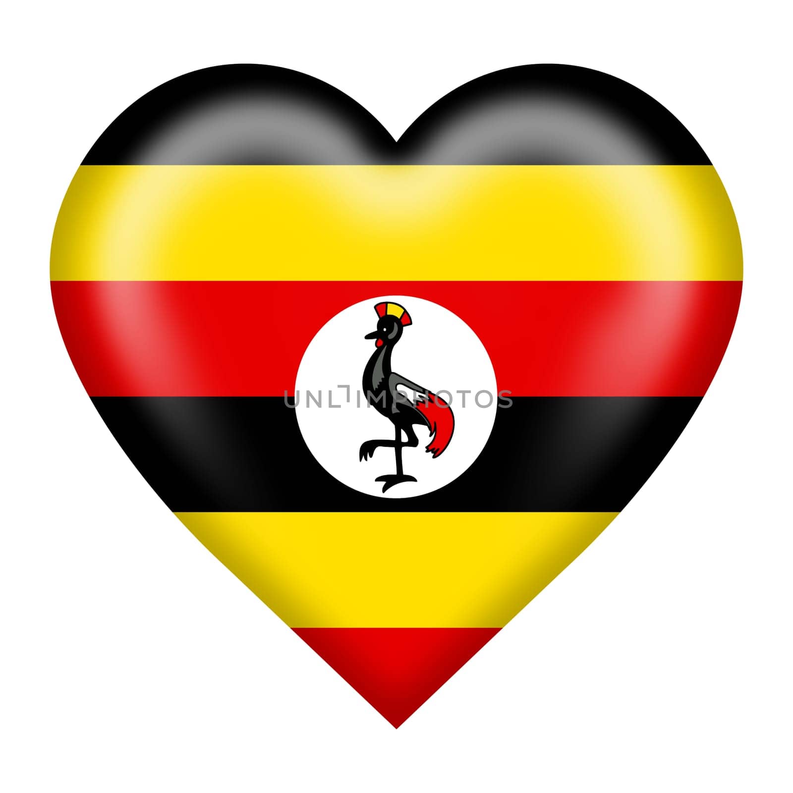 A Uganda flag heart button 3d illustration isolated on white with clipping path