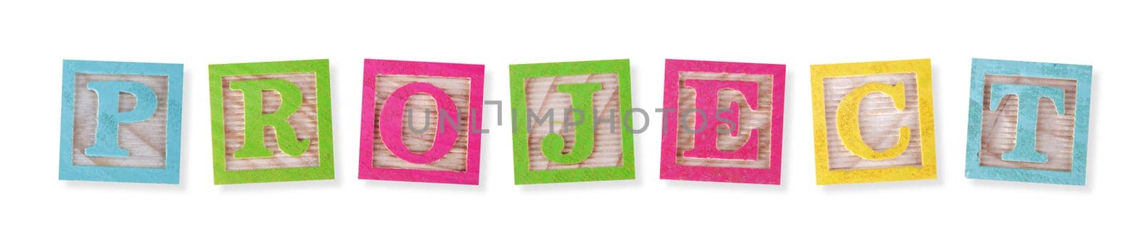 A project concept with childs wood blocks on white with clipping path to remove shadow