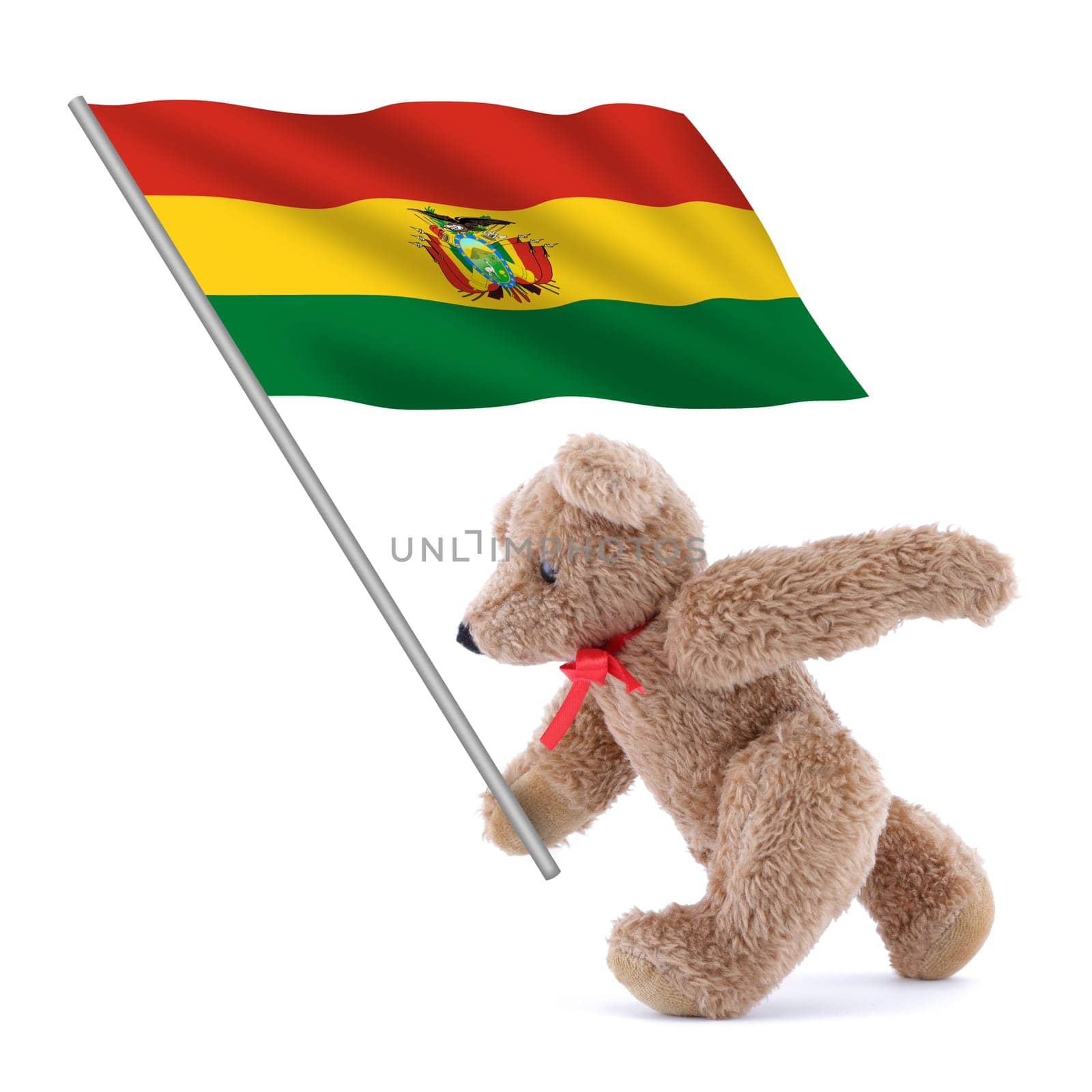 A Bolivia flag being carried by a cute teddy bear red yellow green coat of arms