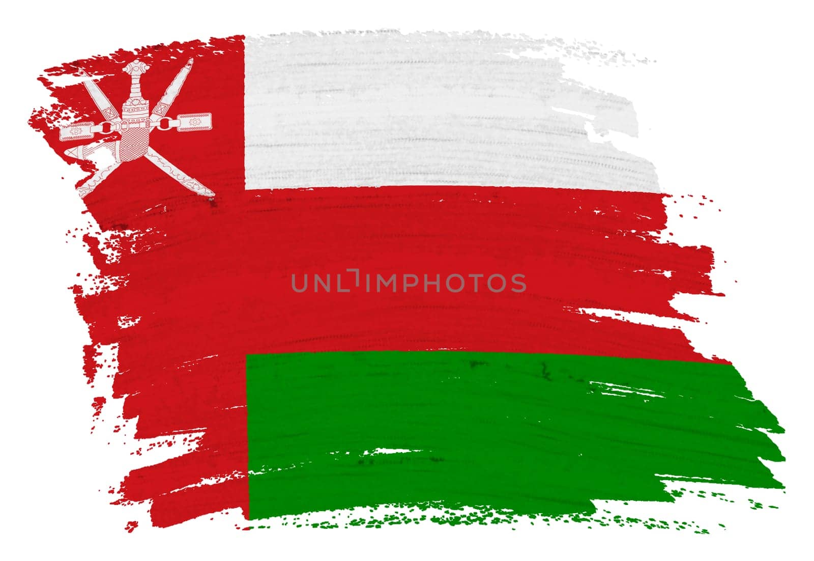 An Oman flag background paint splash brushstroke 3d illustration with clipping path red white green dagger swords