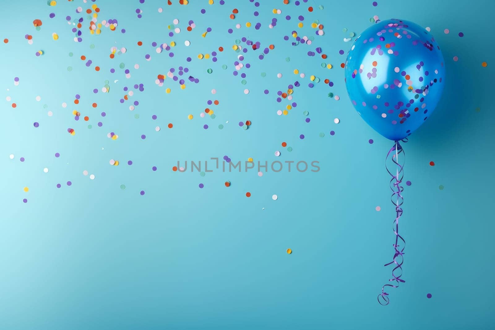 Festive blue balloon with confetti floats on a turquoise background. Space for an inscription