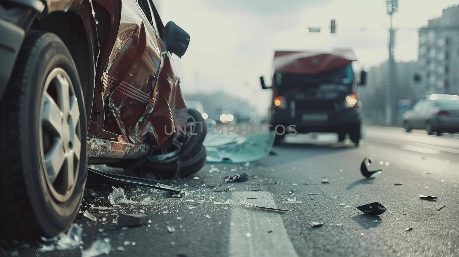 Damaged car and shattered glass on road after accident