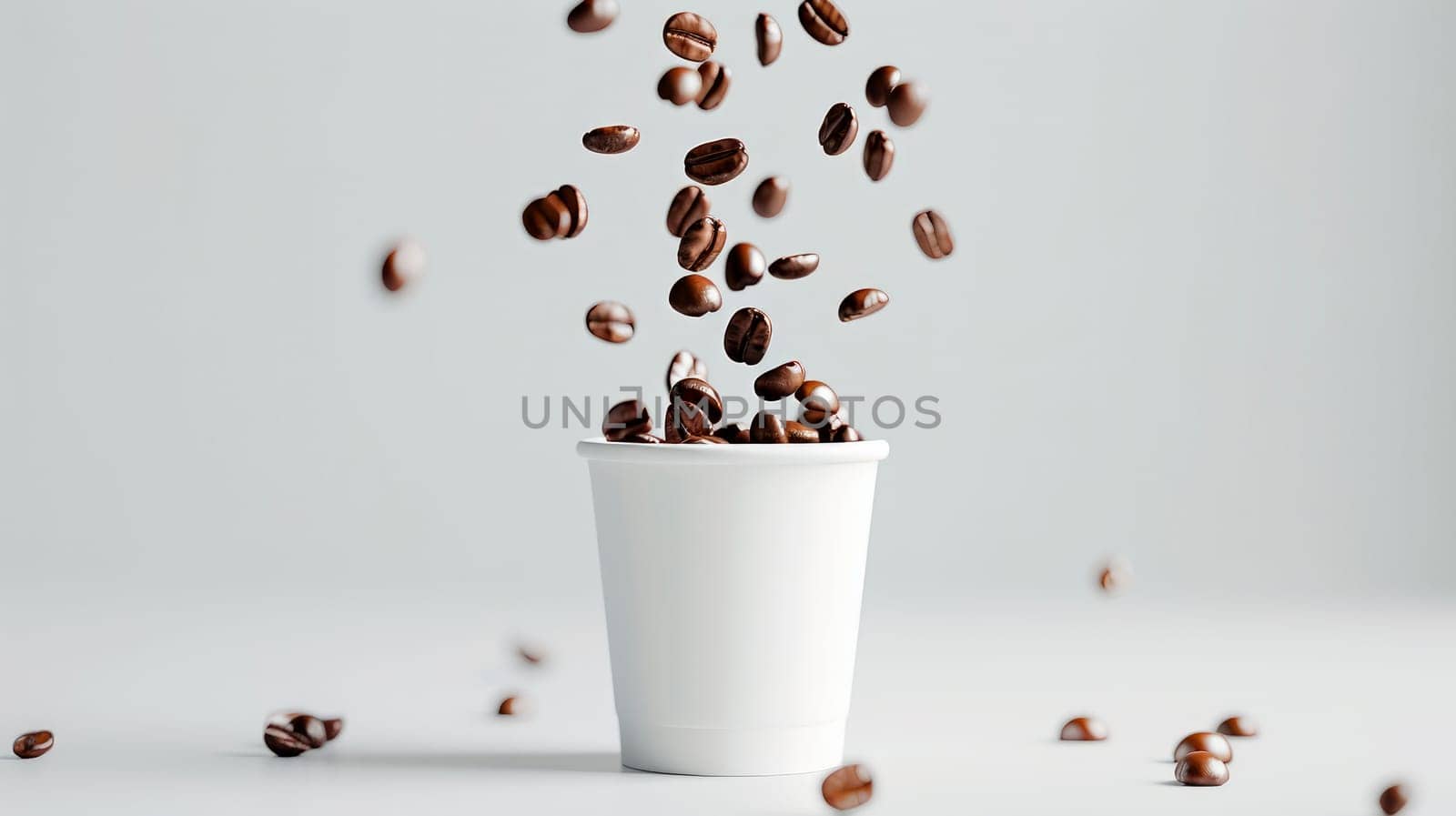 Aromatic roasted coffee beans falling into paper cup on grey background. AI generated
