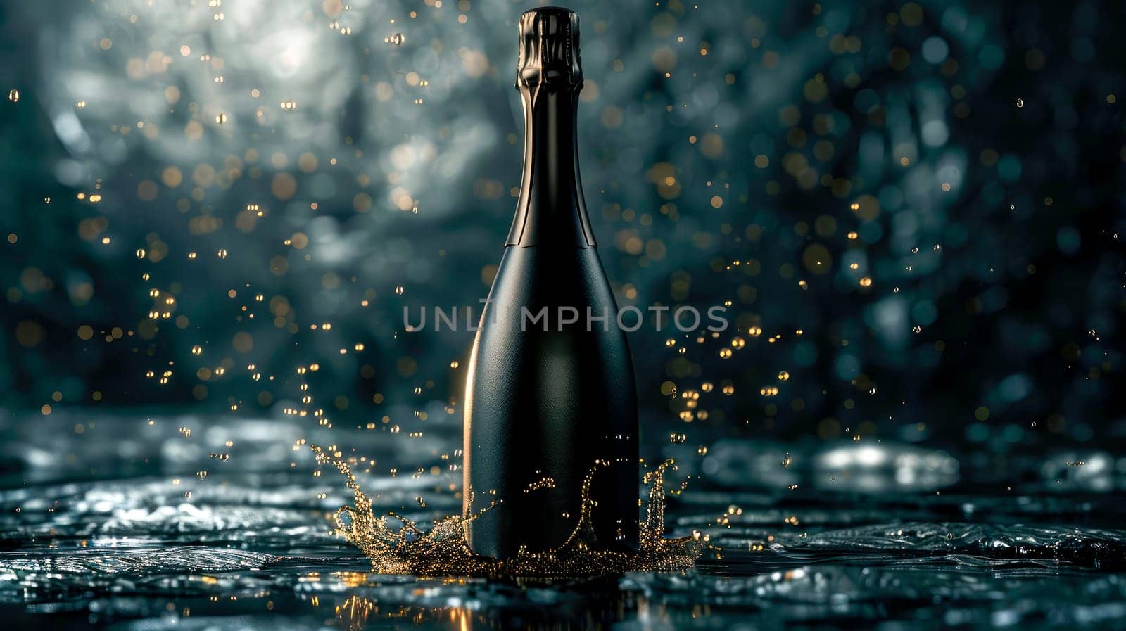 Golden splash over a black Champagne bottle. Celebration background. AI generated