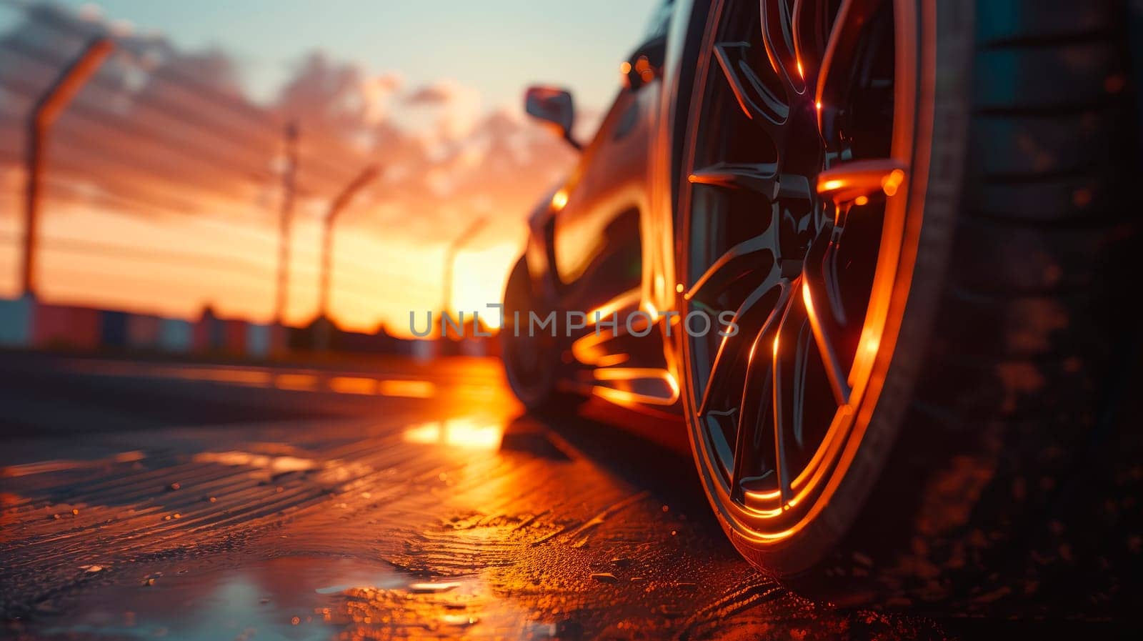 Close up shot of a red car against sunset in the background. AI generated