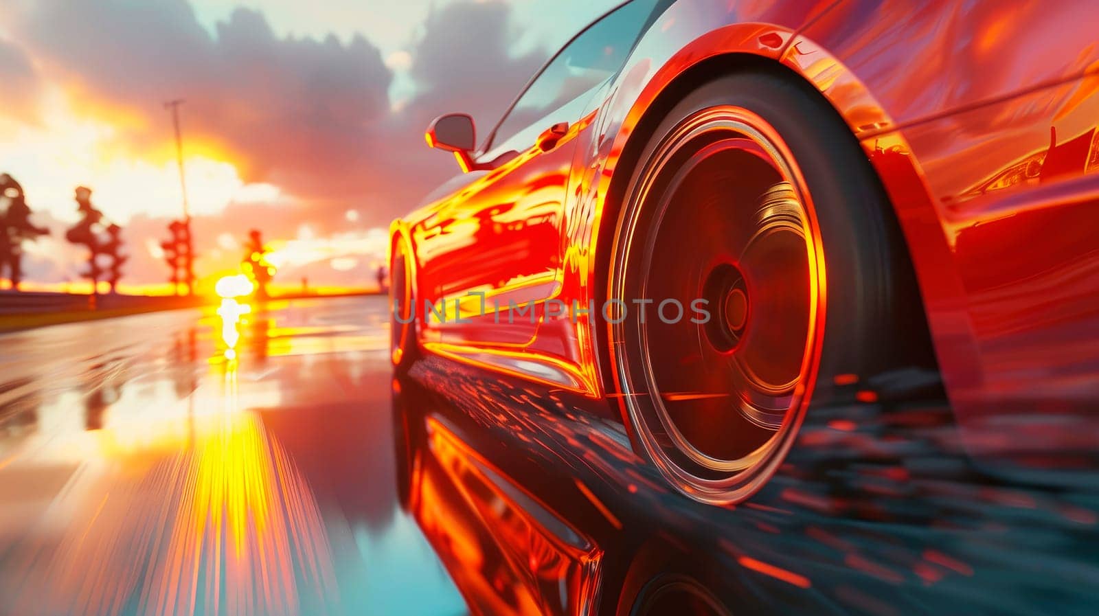 Low angle side view of car driving fast at sunset with motion speed effect. AI generated