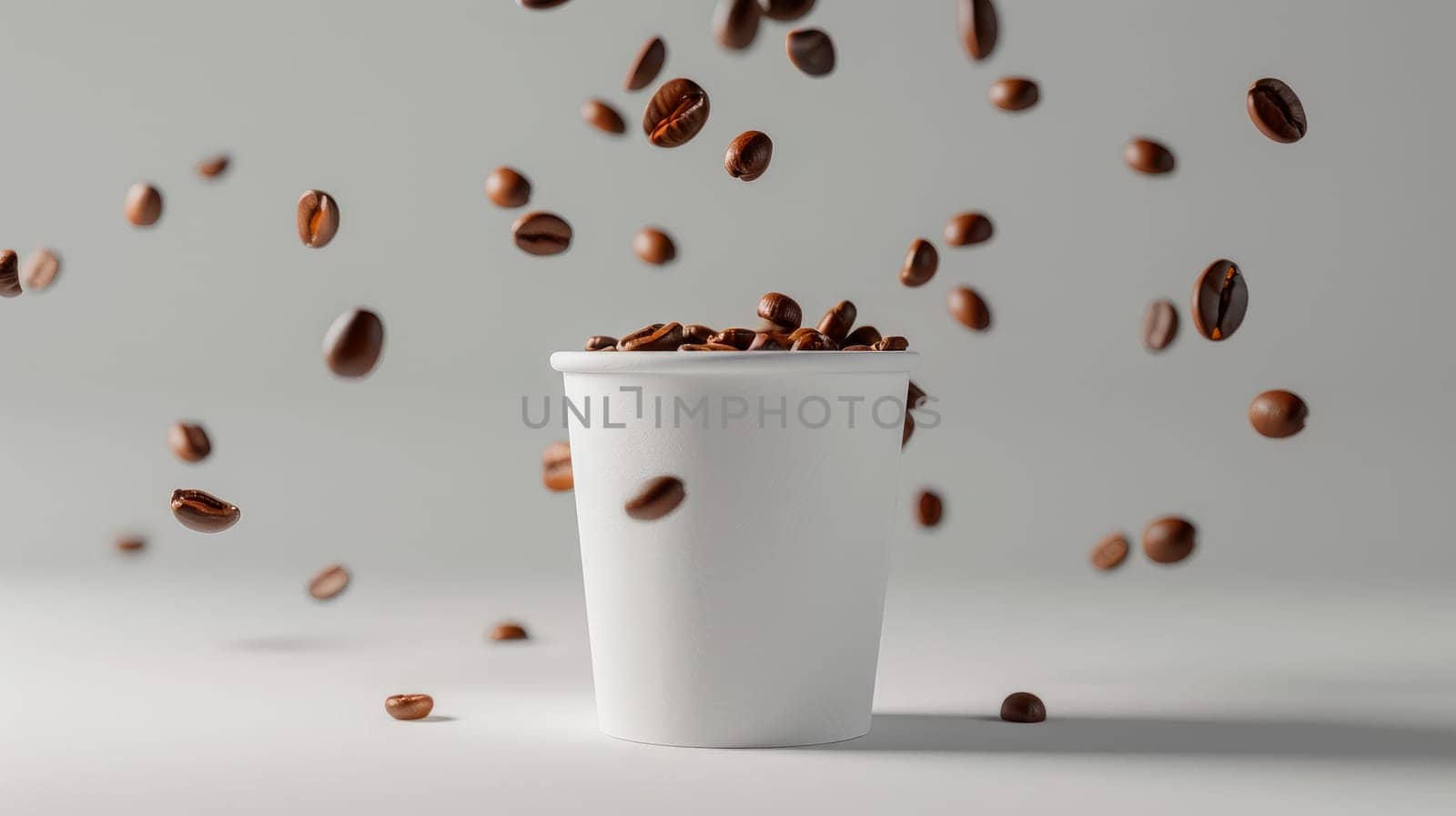 Aromatic roasted coffee beans falling into white paper cup. AI generated