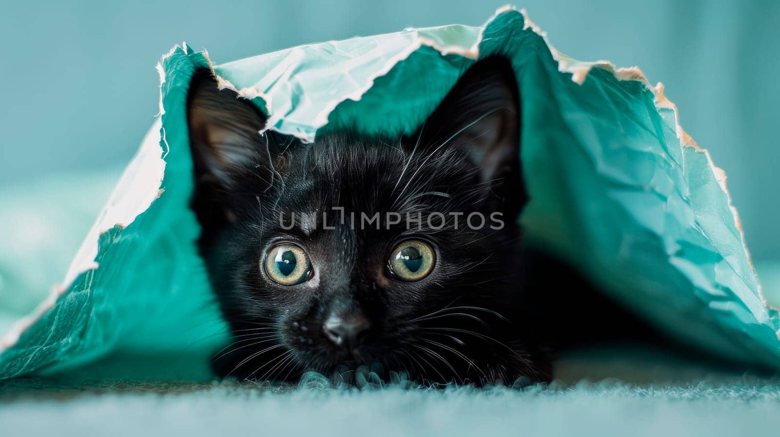 The cute black kitten under blue paper. Funny pets. AI generated