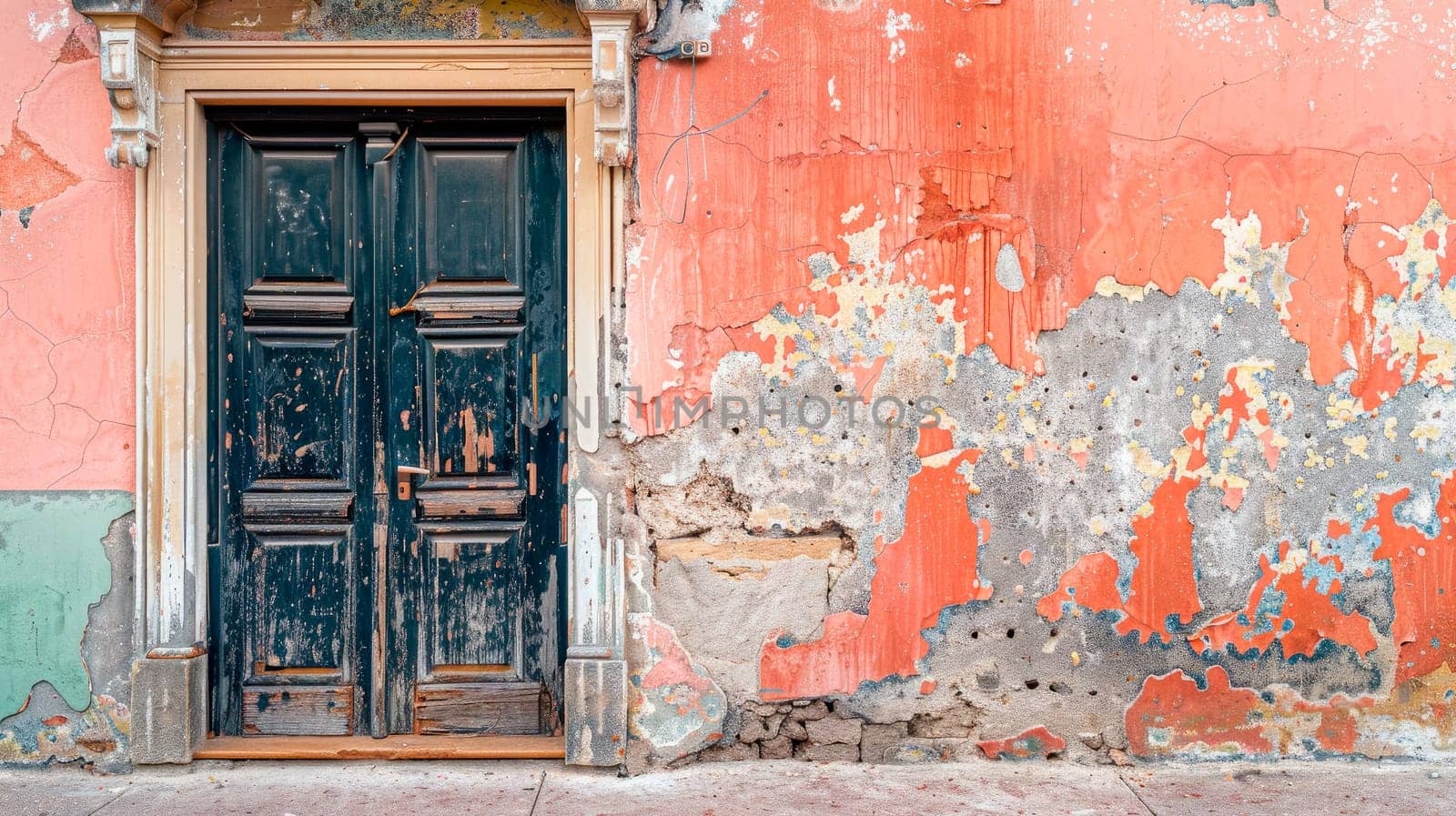 Vintage front wooden door and a weathered wall with peeled paint. Old house facade. AI generated
