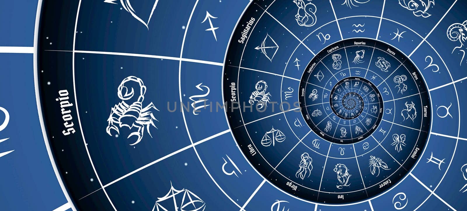 Blue astrological background. Concept of horoscope, mystery, magic, astrological sign. Nobody.