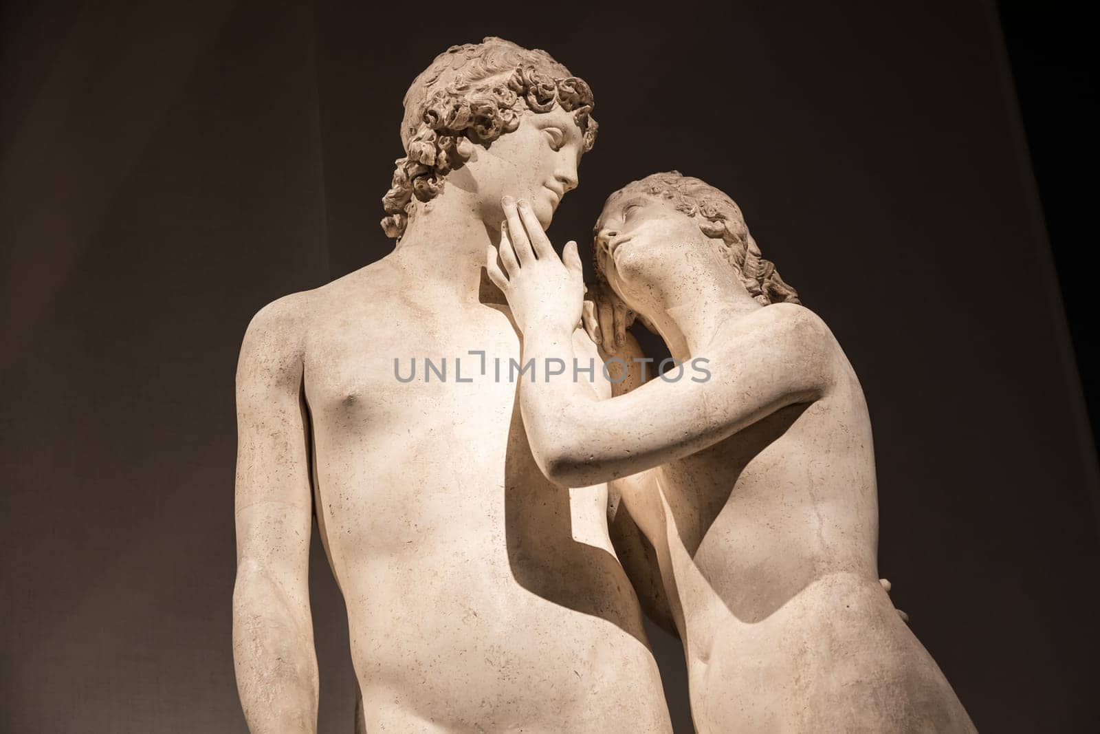 Bassano del Grappa, Italy - December 2022: Venus and Adonis, by Antonio Canova, 1822. Classic statue, concept of love, romance, beauty