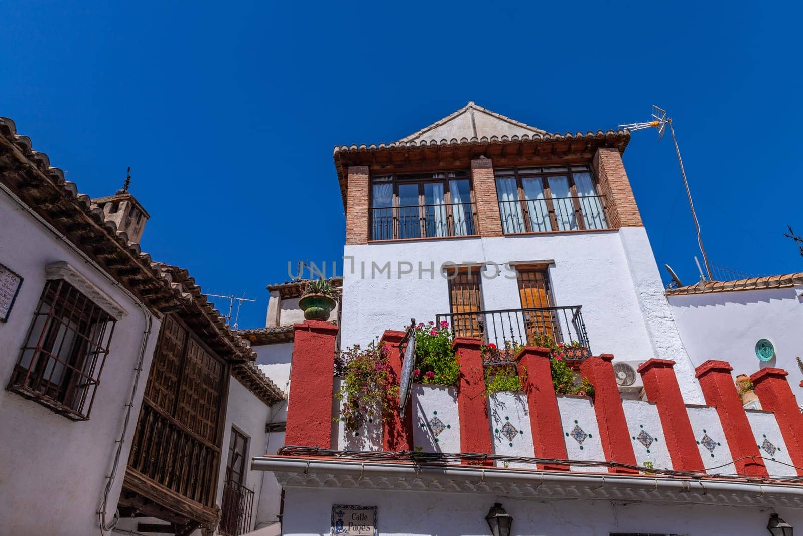 Granada, Spain: April 15, 2024: The decored houses in Albaicin district. Andalusia, Spain