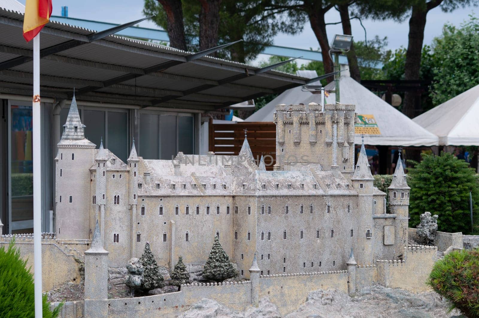 Viserba, Italy - June 25, 2024: The Alcazar de Segovia at Theme park Italy in Miniature or Italia in Miniatura in Rimini, Italy - Reproduction of famous attractions in a small scale