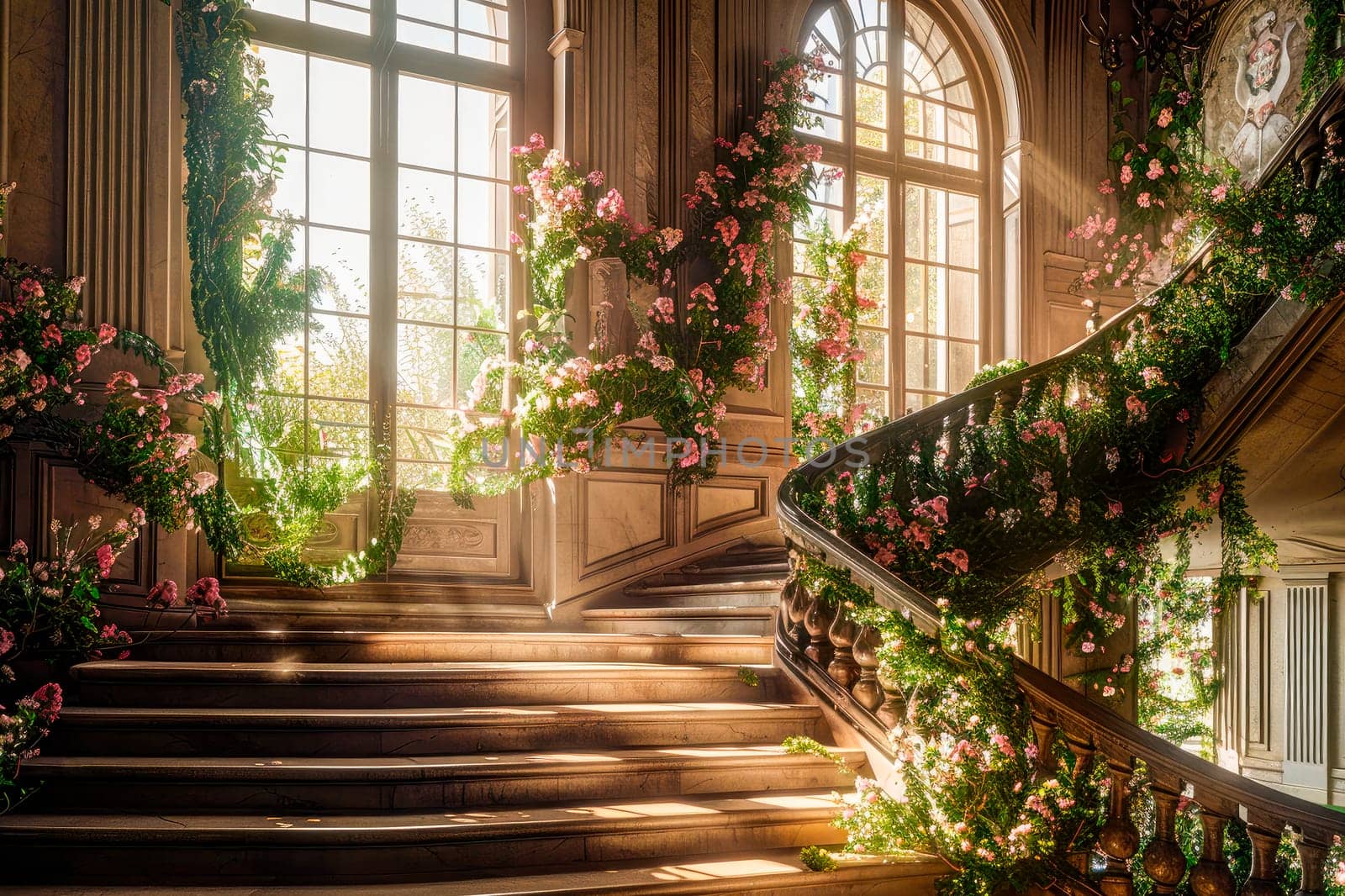 A staircase in old mansion with large windows and flowers on the walls, bathed in sunlight from outside. AI generated