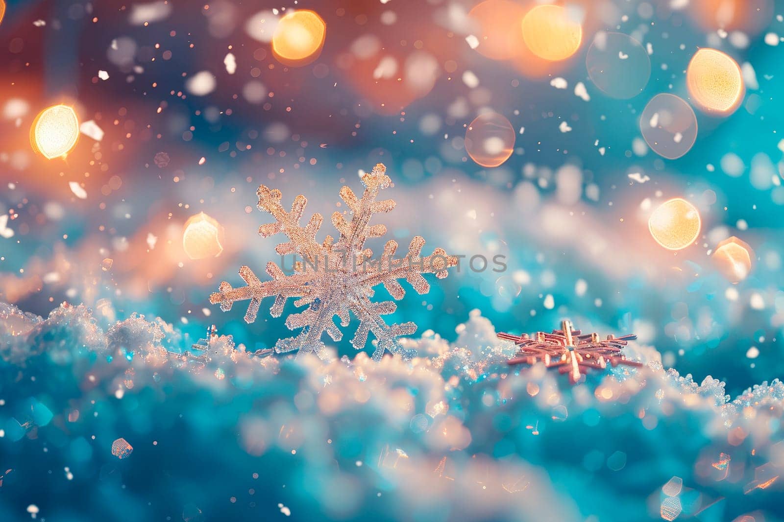 Snowflakes on snow with bokeh of Christmas lights. Winter greeting card. AI generated