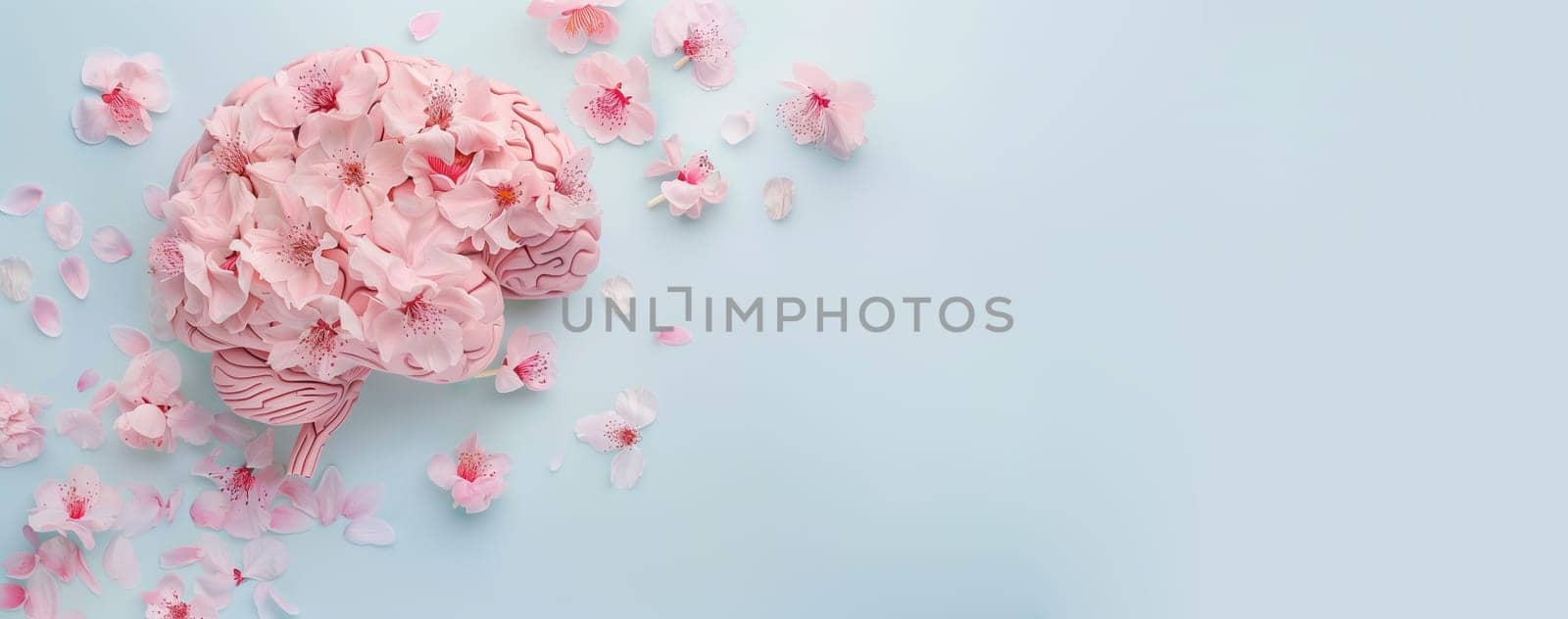 Human brain with pink cherry blossoms, self care, mental health concept, positive thinking, creative mind, wellbeing, healing of body and soul