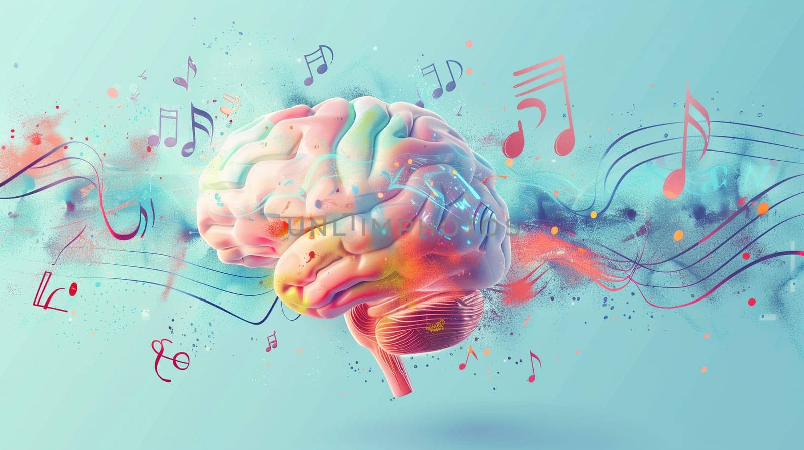 Human brain with vibrant melody wave and music notes, self care and mental health concept, positive thinking, creative mind