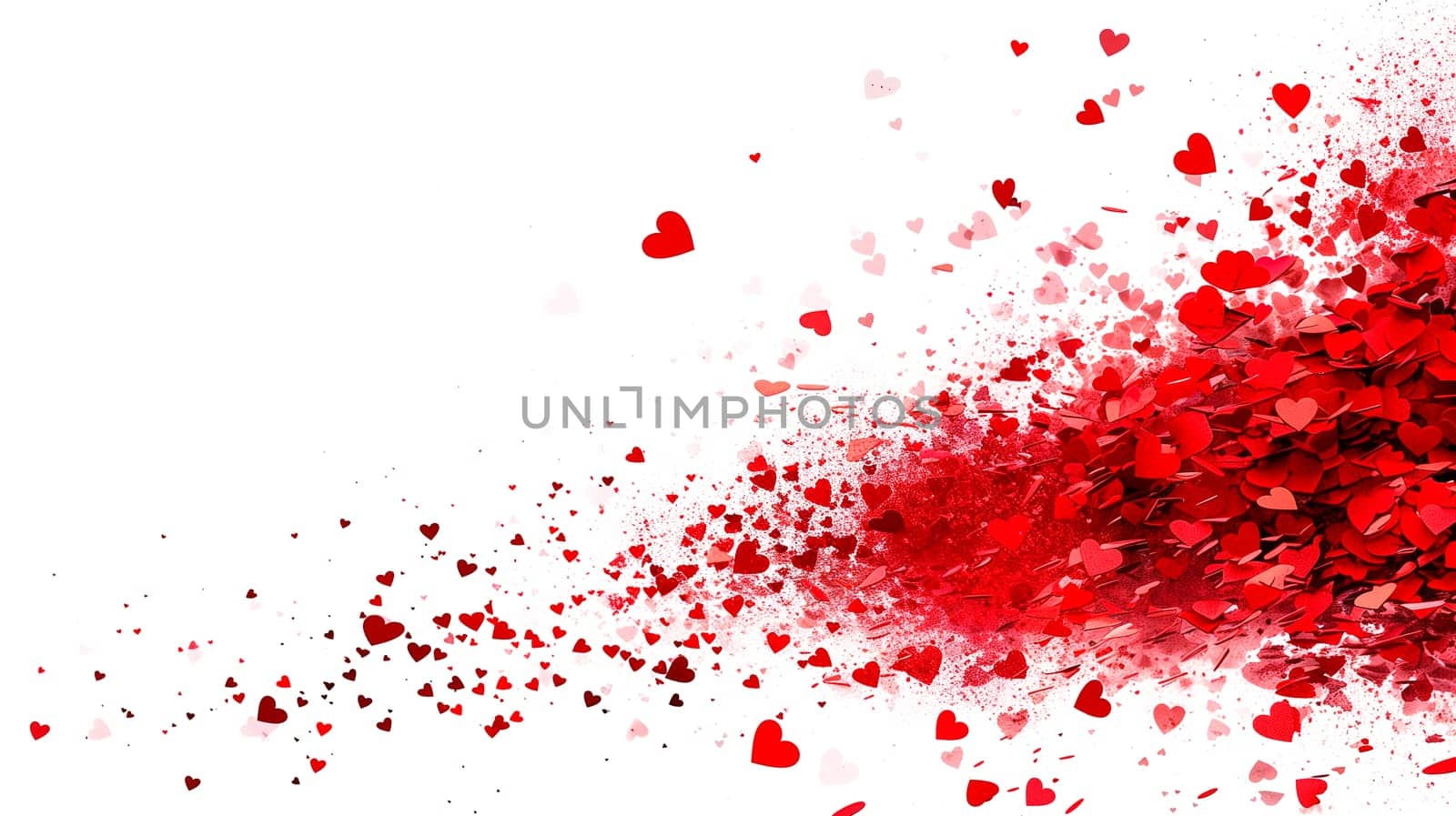 Red hearts explosion cloud, vibrant color confetti splash, love and emotion, heart particles, valentine day, isolated white background