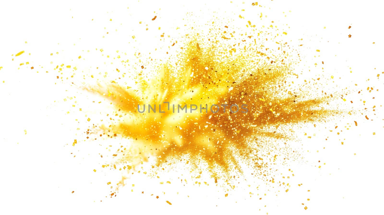 Golden stars and glitter explosion cloud, confetti splash, twinkling scattered star dust and particles, isolated white background
