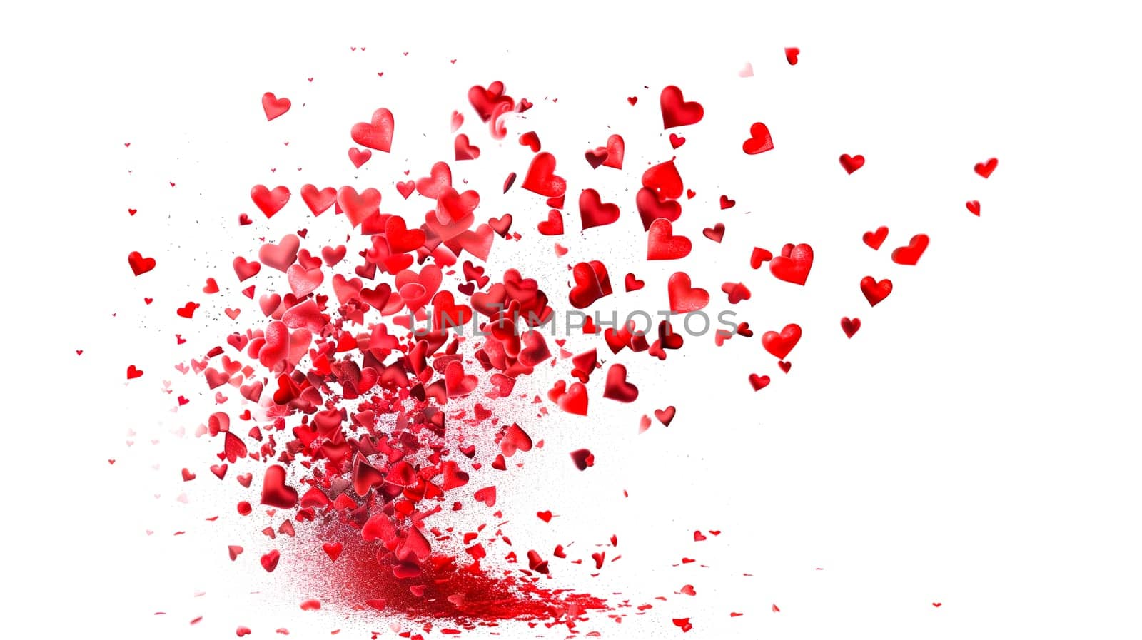 Red hearts explosion cloud, vibrant color confetti splash, love and emotion, heart particles, valentine day, isolated white background