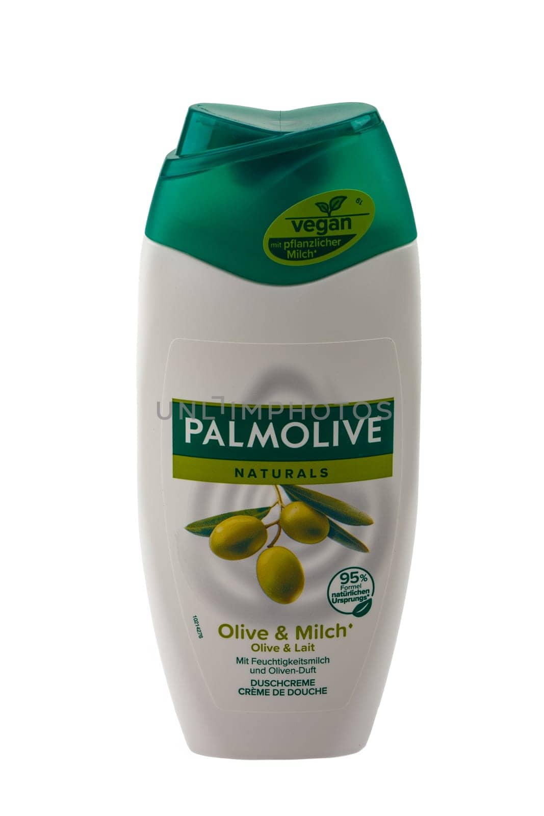 HUETTENBERG, GERMANY - MARCH 18, 2024: PALMOLIVE shower gel bottle brand product on white background.
