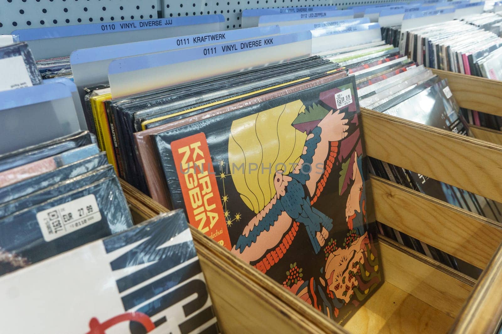 WETZLAR, HESSEN, GERMANY - Records in a wooden box to choose from in a German Müller market