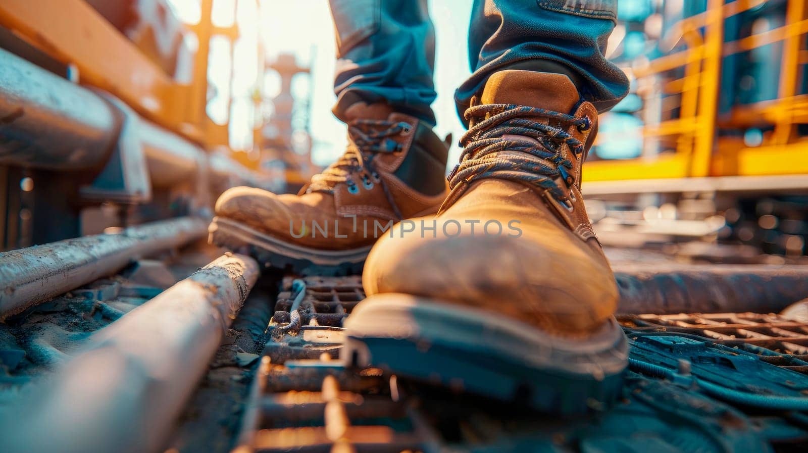 Close up feet wearing work shoes, which are safety shoes with steel inside to prevent injuries. Selective focus. AI generated
