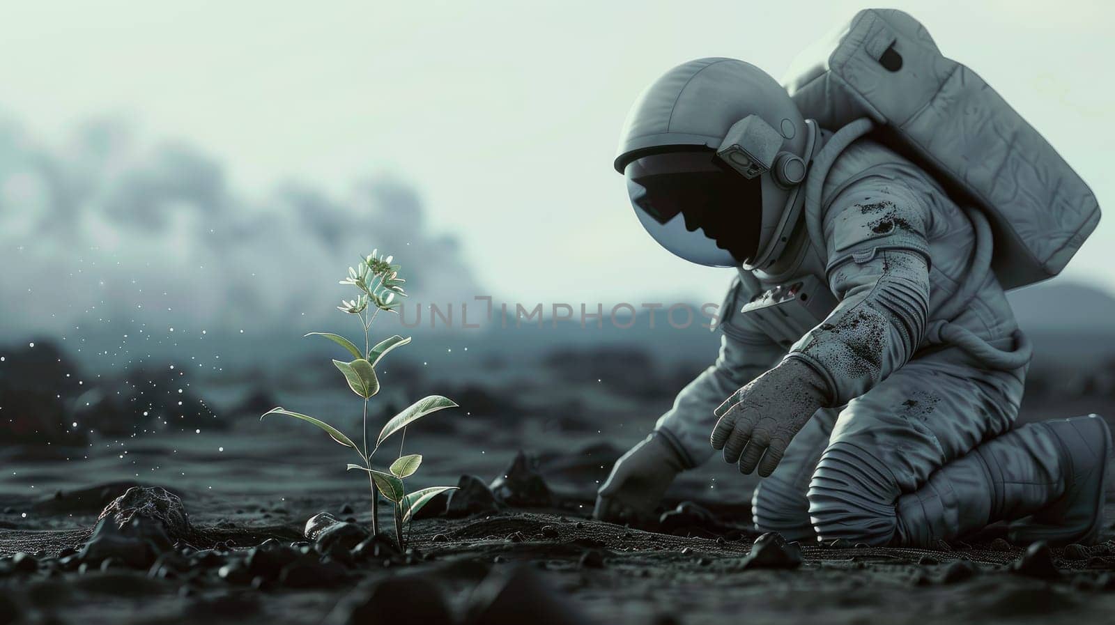An astronaut is kneeling down looking at plant growing up out of the desolate ground on the alien planet. AI generated