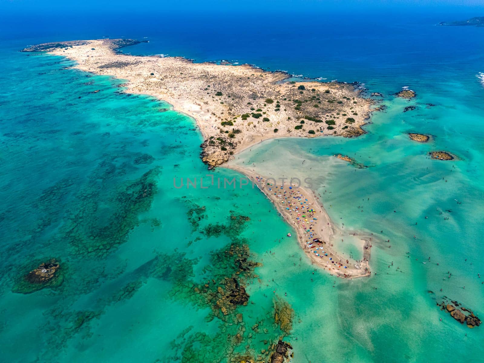 Aerial view of Elafonisi beach in the municipality of Kissamos in the region of Chania, Crete, Greece