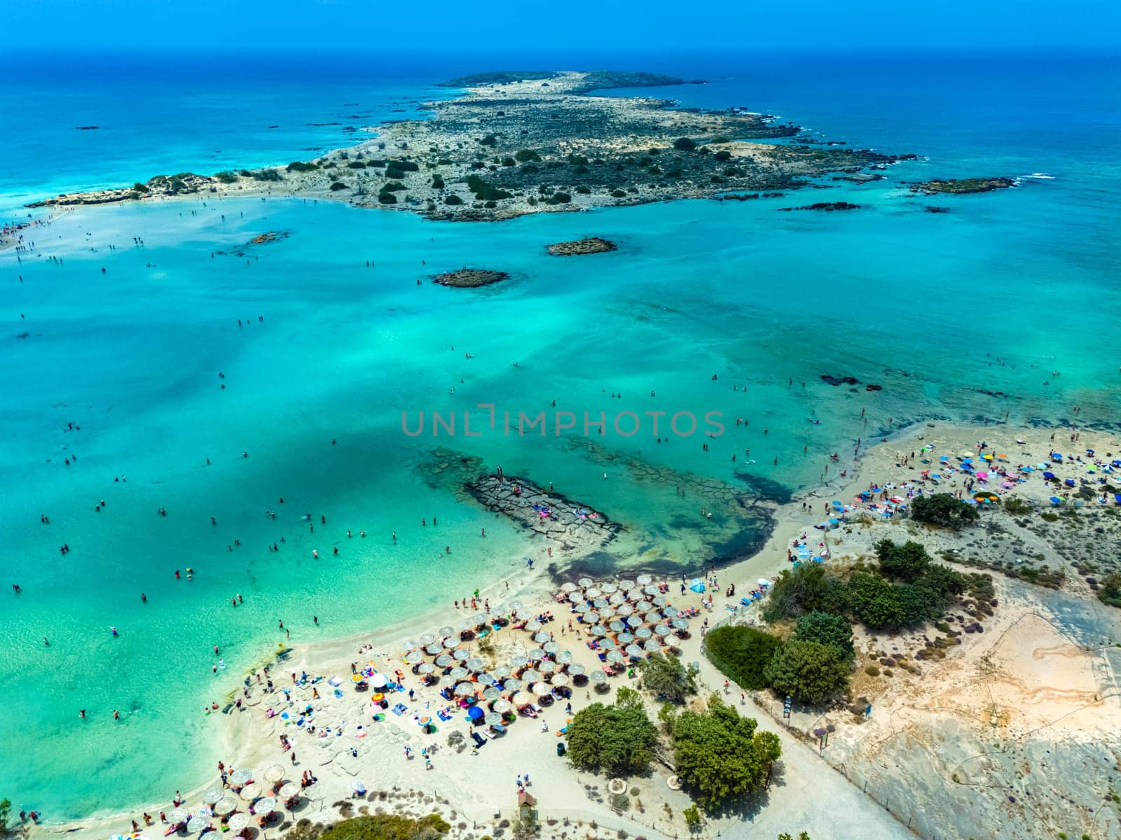 Aerial view of Elafonisi beach in the municipality of Kissamos in the region of Chania, Crete, Greece