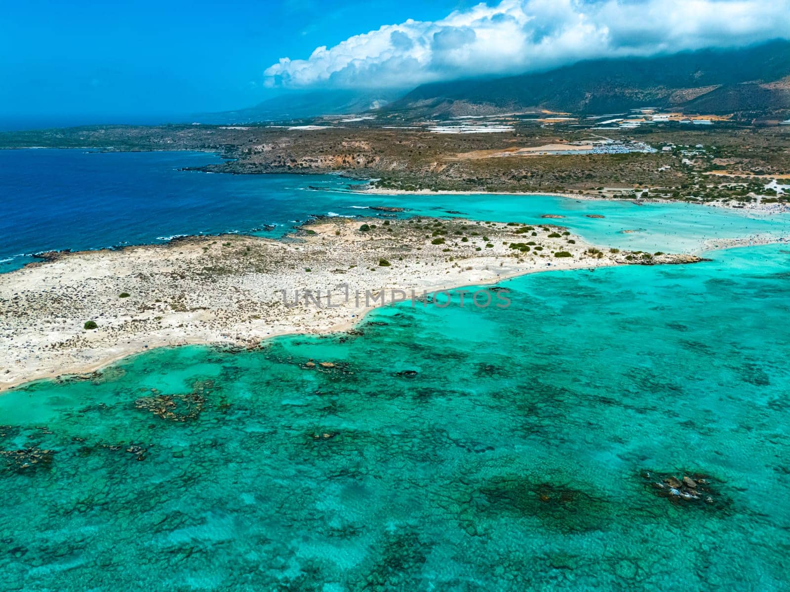 Aerial view of Elafonisi beach in the municipality of Kissamos in the region of Chania, Crete, Greece