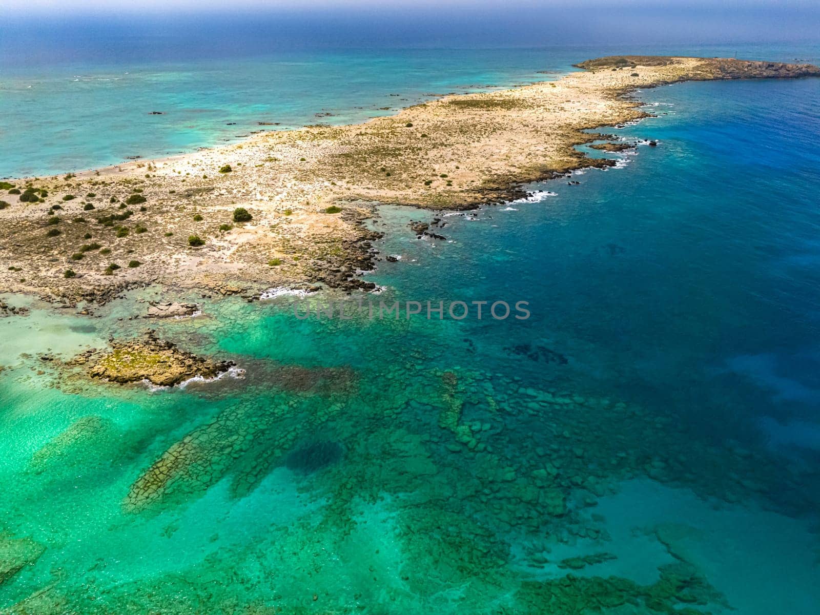 Aerial view of Elafonisi beach in the municipality of Kissamos in the region of Chania, Crete, Greece
