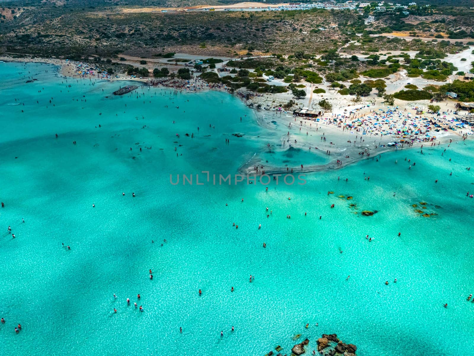 Aerial view of Elafonisi beach in the municipality of Kissamos in the region of Chania, Crete, Greece