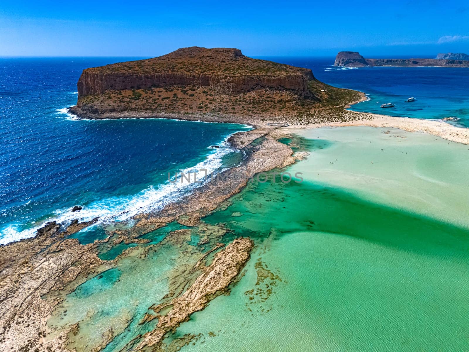 Aerial view of Balos Lagoon in the municipality of Kissamos in the region of Chania, Crete, Greece