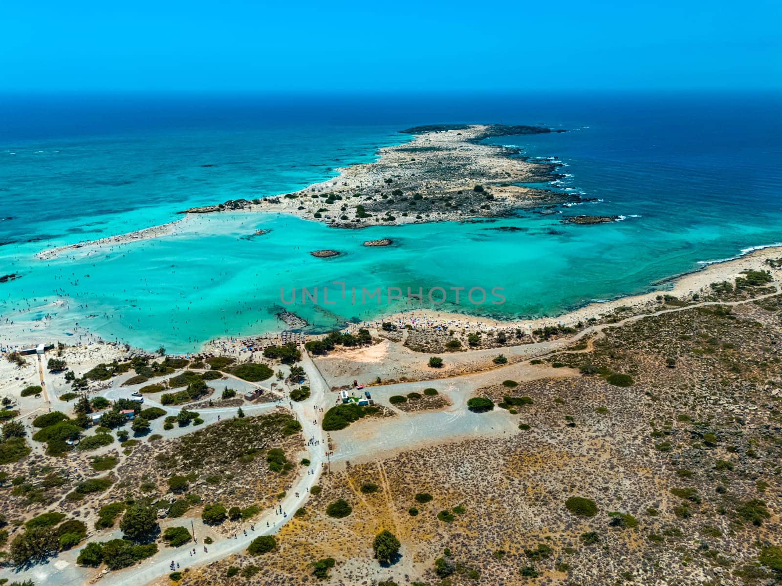 Aerial view of Elafonisi beach in the municipality of Kissamos in the region of Chania, Crete, Greece