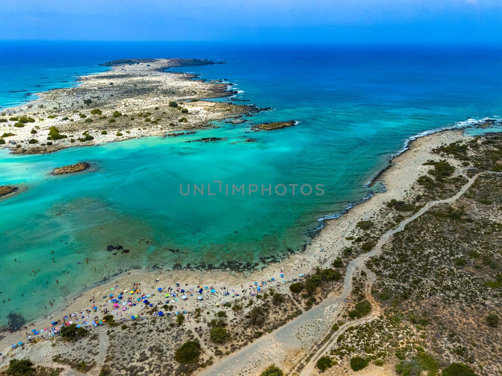 Aerial view of Elafonisi beach in the municipality of Kissamos in the region of Chania, Crete, Greece