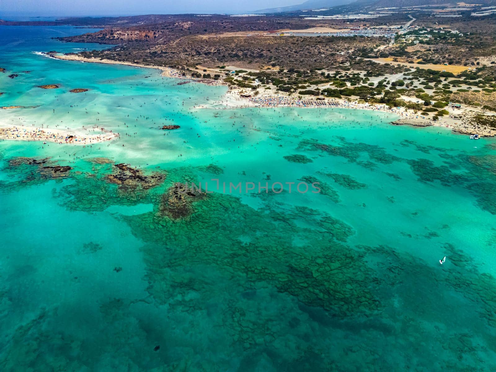Aerial view of Elafonisi beach in the municipality of Kissamos in the region of Chania, Crete, Greece