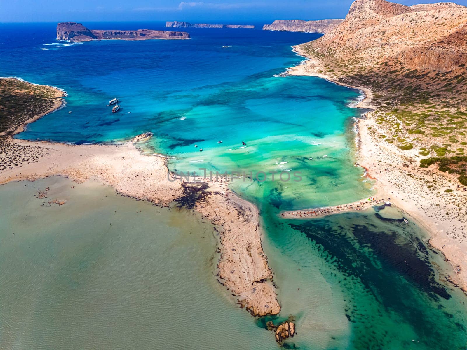 Aerial view of Balos Lagoon in the municipality of Kissamos in the region of Chania, Crete, Greece