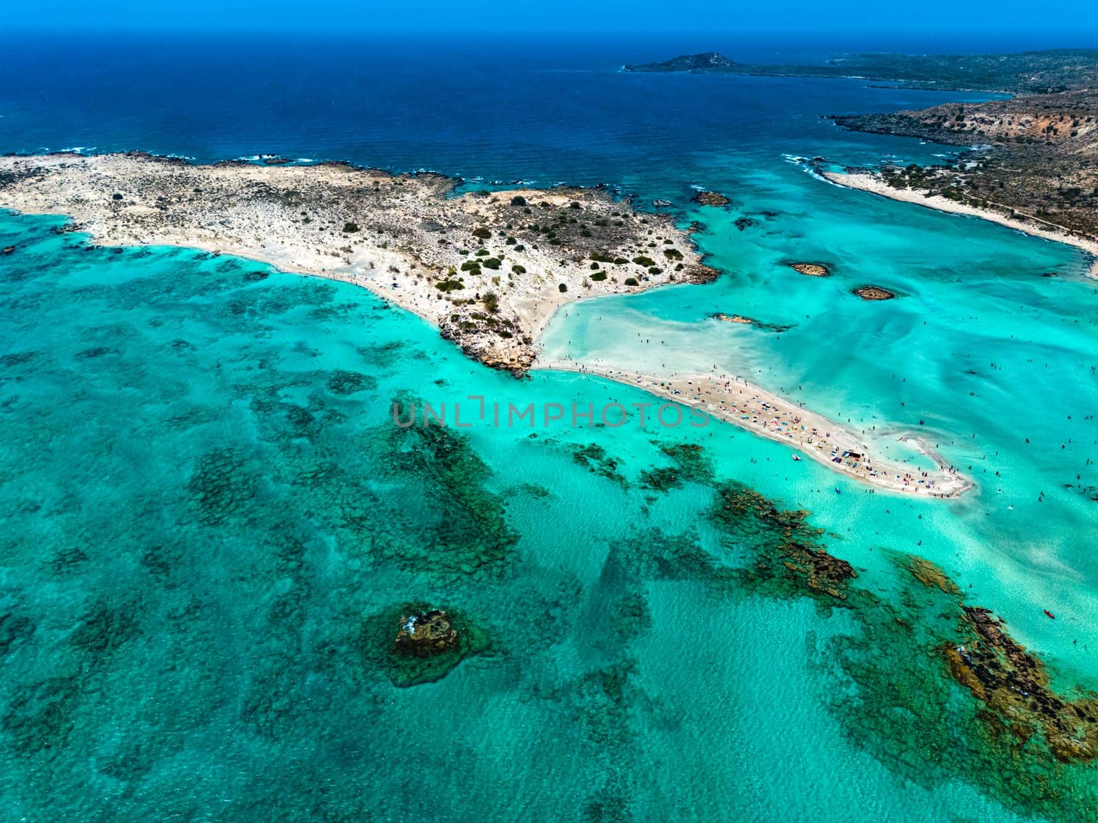 Aerial view of Elafonisi beach in the municipality of Kissamos in the region of Chania, Crete, Greece