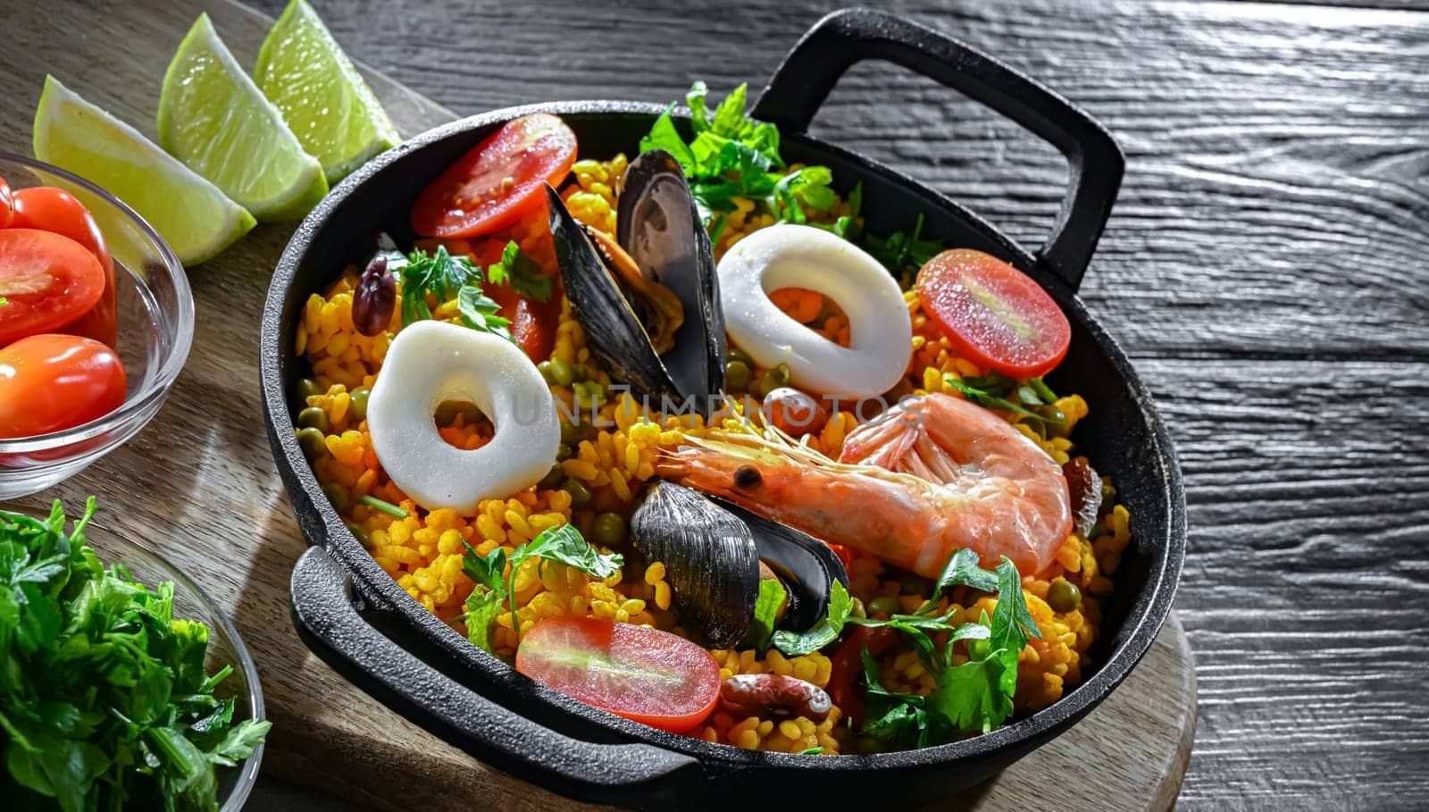 Seafood paella served in a cast iron pan.