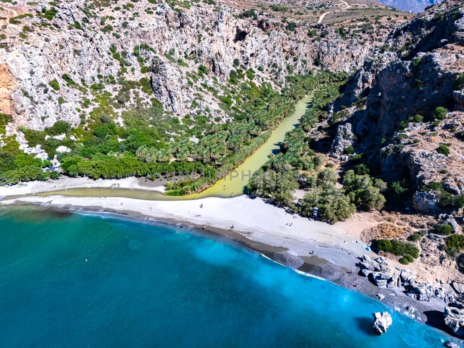 Aerial view of Preveli Beach in the municipality of Agios Vasilios in the region of Rethymno, Crete, Greece