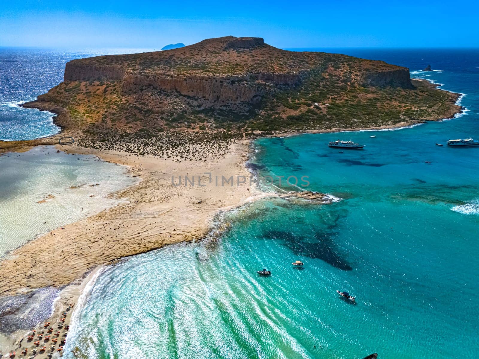 Aerial view of Balos Lagoon in the municipality of Kissamos in the region of Chania, Crete, Greece