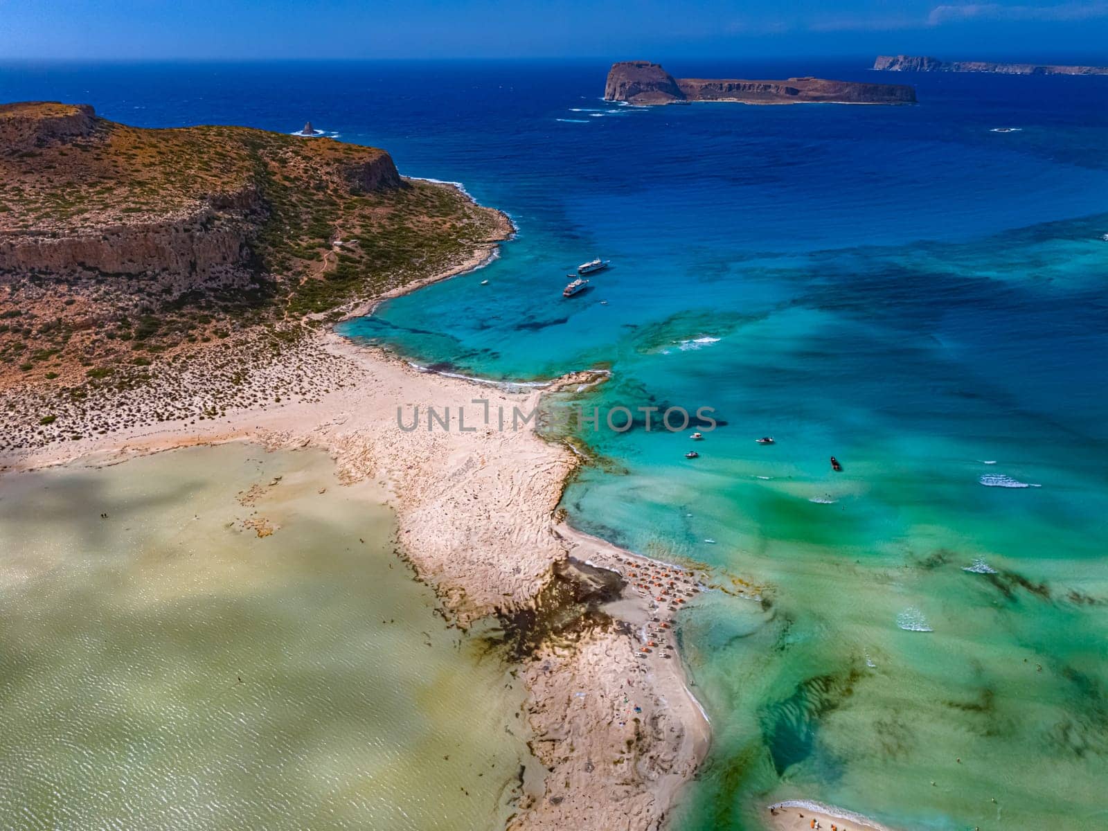 Aerial view of Balos Lagoon in the municipality of Kissamos in the region of Chania, Crete, Greece