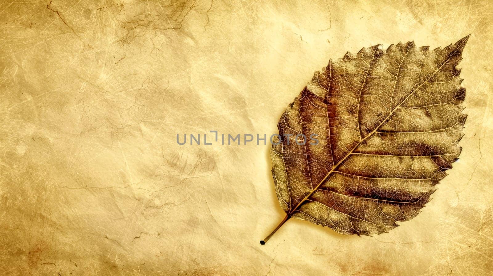 Delicate dried leaf on textured parchment background, evoking nostalgia and history with intricate details and warm hues. Perfect for creative projects with ample copy space