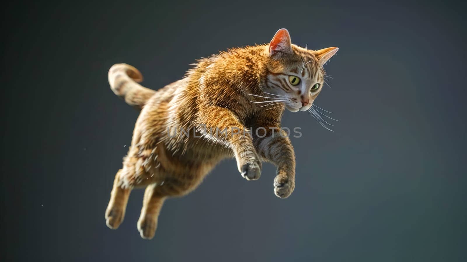 Ginger tabby cat leaps gracefully through the air, showing energy and curiosity. Perfect for animal lovers seeking playful pet images