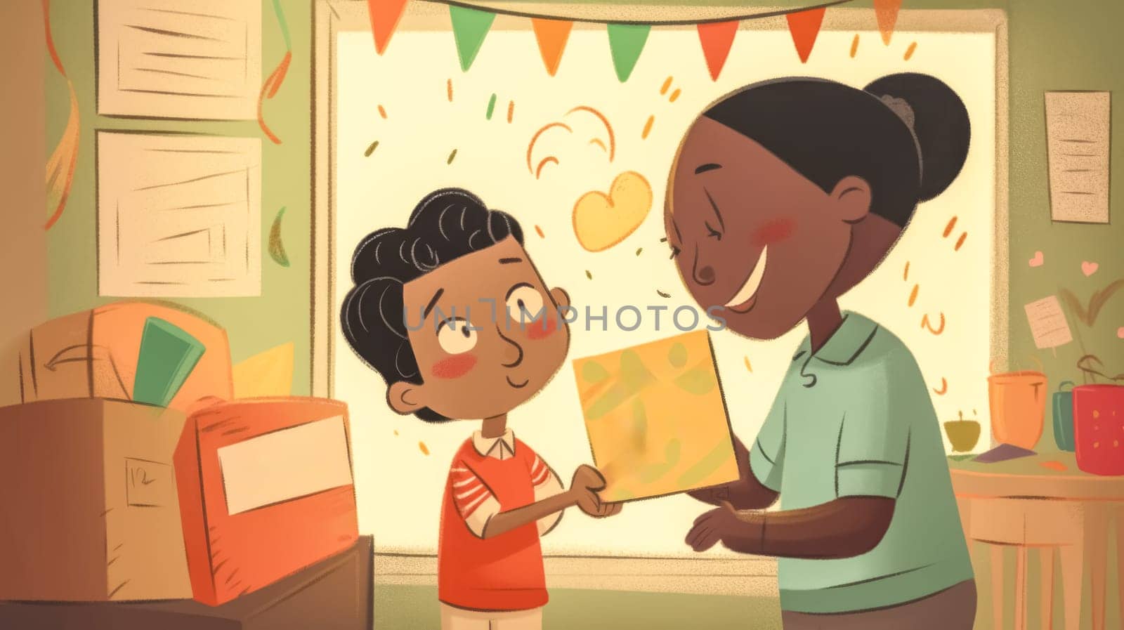 Young boy is giving a handmade present to his teacher in a brightly decorated classroom. The teacher is smiling and happy to receive the gift