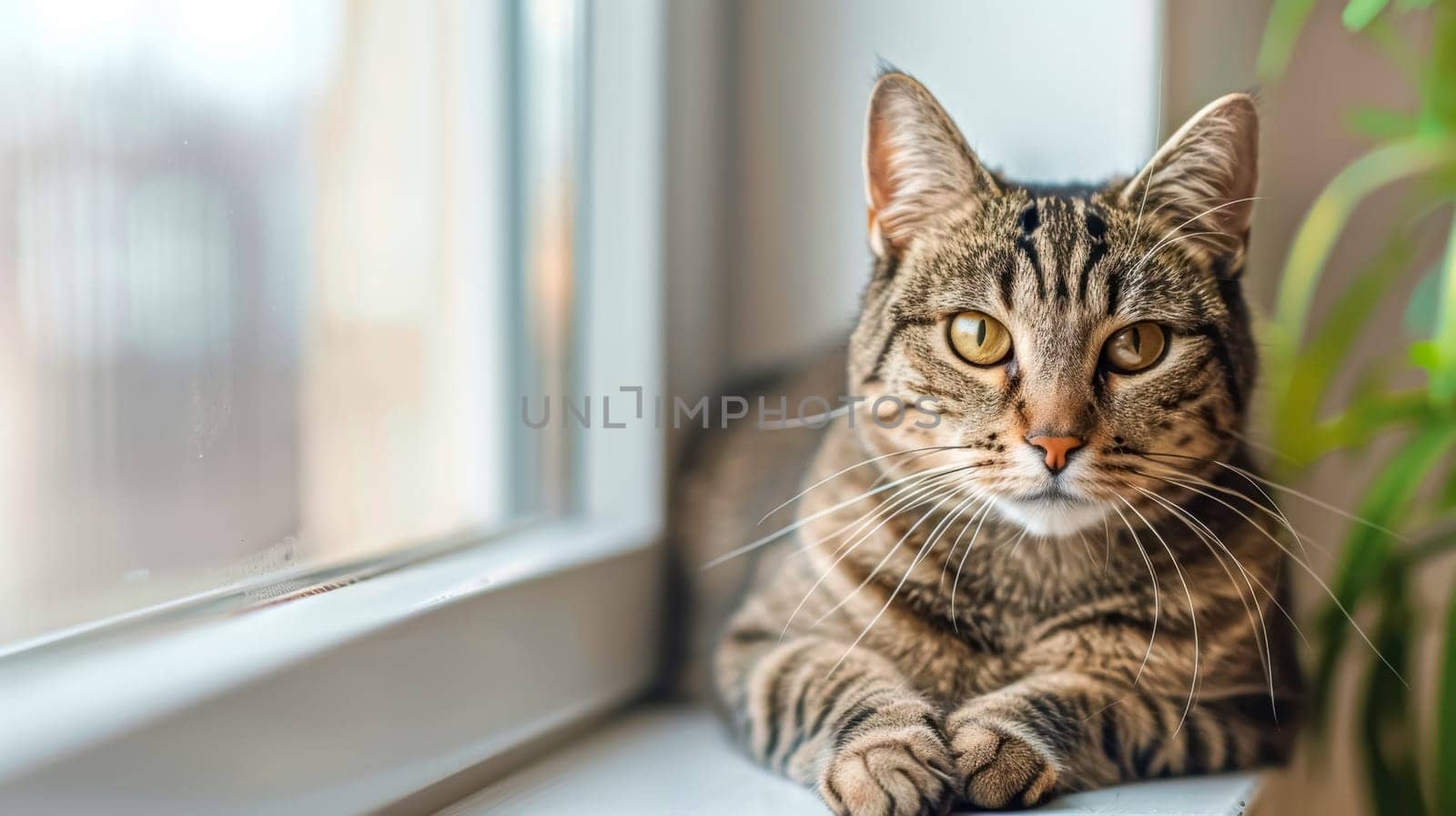Cute tabby cat lounging on a sunny window sill, looking curious and content